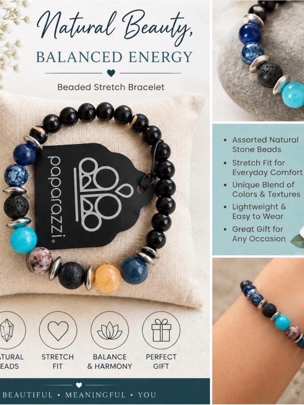 paparazzi Black and Blue Multistone Beaded Stretch Bracelet